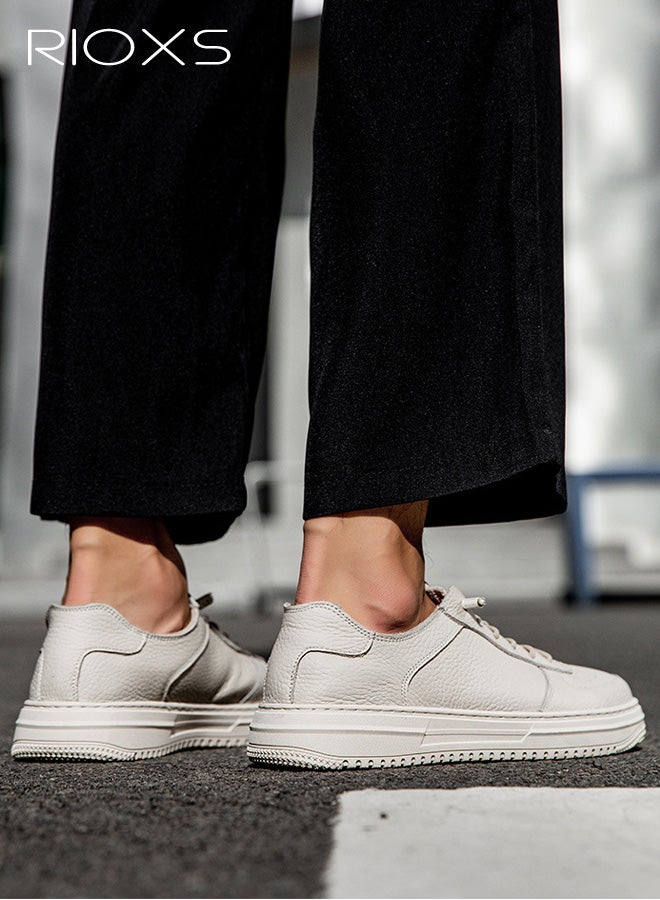 RIOXS Men's Casual Leather Sneakers, Classic Lightweight Lace-Up Walking Shoes, Fashion Breathable Anti-slip Low Top Sneakers for Sports Travel Work Daily Wear, Beige - Image 4