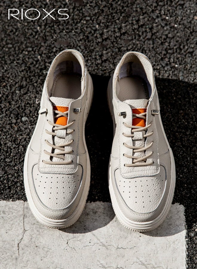 RIOXS Men's Casual Leather Sneakers, Classic Lightweight Lace-Up Walking Shoes, Fashion Breathable Anti-slip Low Top Sneakers for Sports Travel Work Daily Wear, Beige - Image 1