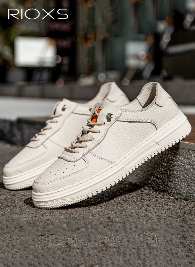 RIOXS Men's Casual Leather Sneakers, Classic Lightweight Lace-Up Walking Shoes, Fashion Breathable Anti-slip Low Top Sneakers for Sports Travel Work Daily Wear, Beige - Image 2