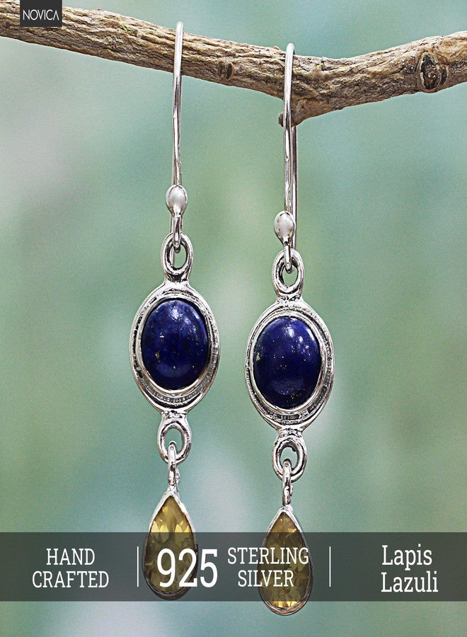 نوفيكا أقراط متدلية من حجر اللازورد والسترين مصنوعة يدوياً من قبل حرفيين من نوفيكا، مصنوعة من الفضة الإسترليني، بلون أزرق مصفر، حجر كريم هندي، حجر الميلاد [1.7 بوصة طول × 0.4 بوصة عرض × 0.2 بوصة عمق] "قطرات من الشمس" - Image 2