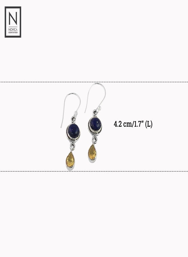 نوفيكا أقراط متدلية من حجر اللازورد والسترين مصنوعة يدوياً من قبل حرفيين من نوفيكا، مصنوعة من الفضة الإسترليني، بلون أزرق مصفر، حجر كريم هندي، حجر الميلاد [1.7 بوصة طول × 0.4 بوصة عرض × 0.2 بوصة عمق] "قطرات من الشمس" - Image 3