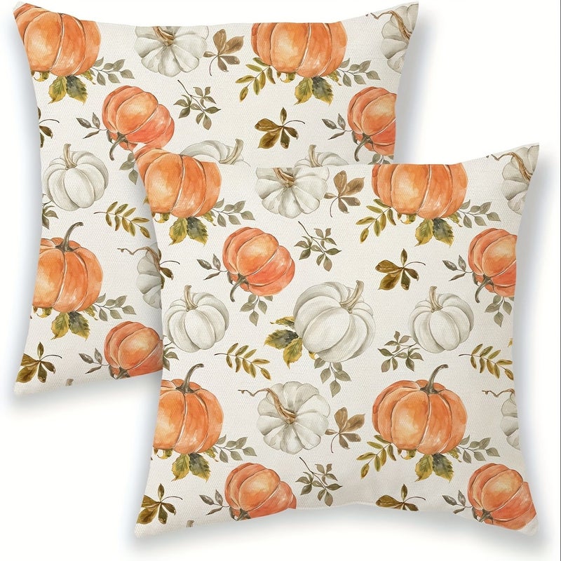 Set Of 2 Fall Pillow Covers Watercolor Burnt Orange White Pumpkin Decorative Throw Pillows Autumn Thanksgiving Farmhouse Decor Linen Cushion Covers For Home Couch Sofa Bed 16x16 Inches - Image 3