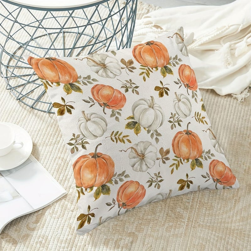Set Of 2 Fall Pillow Covers Watercolor Burnt Orange White Pumpkin Decorative Throw Pillows Autumn Thanksgiving Farmhouse Decor Linen Cushion Covers For Home Couch Sofa Bed 16x16 Inches - Image 5