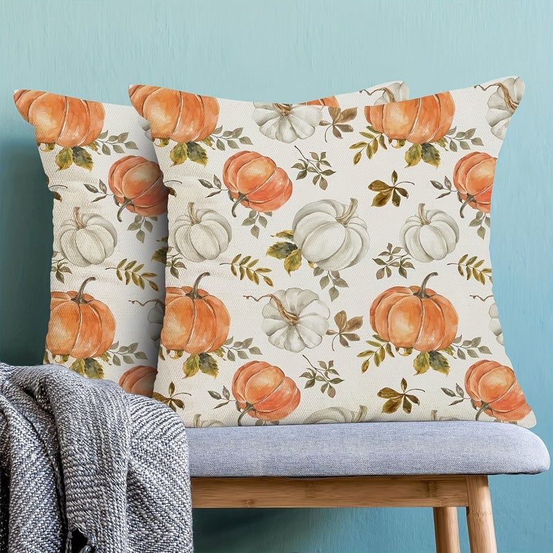 Set Of 2 Fall Pillow Covers Watercolor Burnt Orange White Pumpkin Decorative Throw Pillows Autumn Thanksgiving Farmhouse Decor Linen Cushion Covers For Home Couch Sofa Bed 16x16 Inches - Image 2
