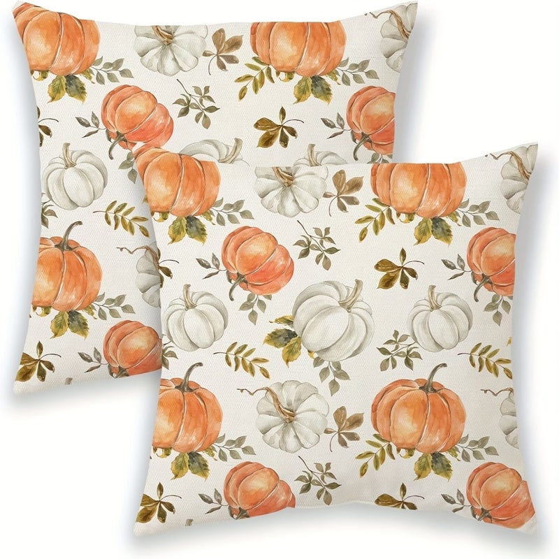 Set Of 2 Fall Pillow Covers Watercolor Burnt Orange White Pumpkin Decorative Throw Pillows Autumn Thanksgiving Farmhouse Decor Linen Cushion Covers For Home Couch Sofa Bed 16x16 Inches - Image 1