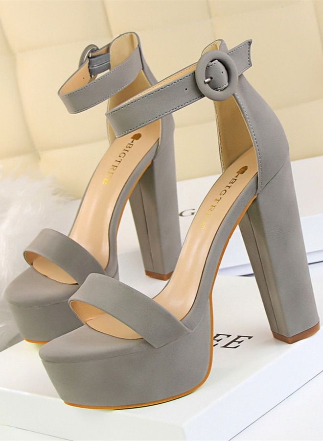 BIGTREE Thick Heel Super Slim Open Toe Belt Buckle High Heel Sandals 13.5CM Grey