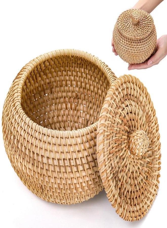 WRINGKIT Round Rattan Basket Box with Lid, Small Handmade Woven Storage Basket, Multi-purpose Wicker Bowl Decorative Organizer for Shelf, Home, Bathroom Decor - Image 1