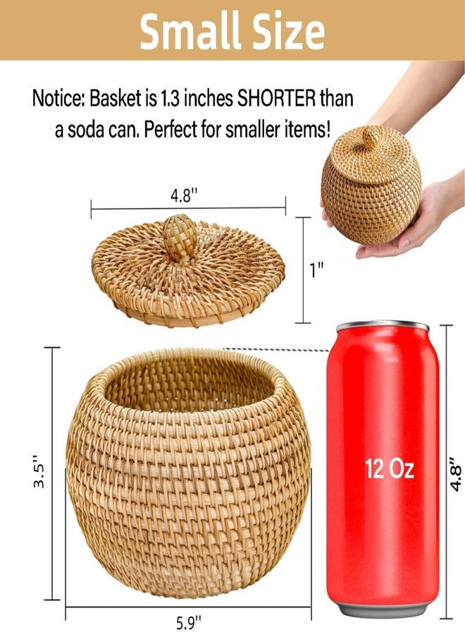 WRINGKIT Round Rattan Basket Box with Lid, Small Handmade Woven Storage Basket, Multi-purpose Wicker Bowl Decorative Organizer for Shelf, Home, Bathroom Decor - Image 2