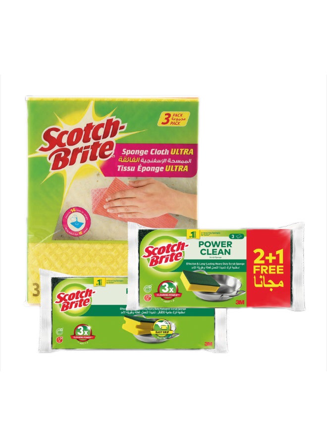 Scotch Brite سلك تنظيف ستانلس ستيل سكوتش برايت + قطعة قماش إسفنجية متعددة الاستخدامات كلاسيك + إسفنجة مسطحة كلاسيكية ثقيلة التحمل. 3 عبوات/طقم