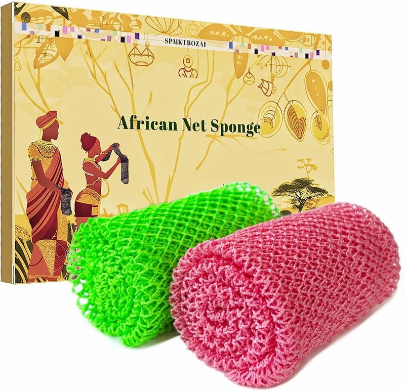 SPMKTBOZAI African Net Sponge Authentic, 2 Pieces African Exfoliating Sponge Real African Net Black Owned, African Bath Sponge Back Scrubber, Body Exfoliator Shower Bath Accessories (Green, Pink)