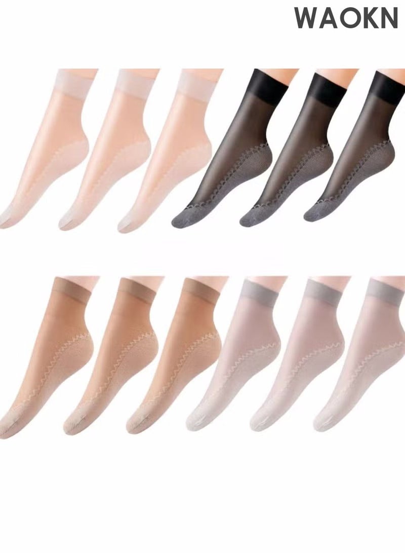 دبليو أيه أو كي أن 12 زوجًا من جوارب الكاحل الشفافة الرقيقة المصنوعة من النايلون الشفاف، جوارب قصيرة للنساء والفتيات، جوارب ضيقة ناعمة، جوارب حريرية رفيعة حتى الساق (متعددة الألوان) - Image 1