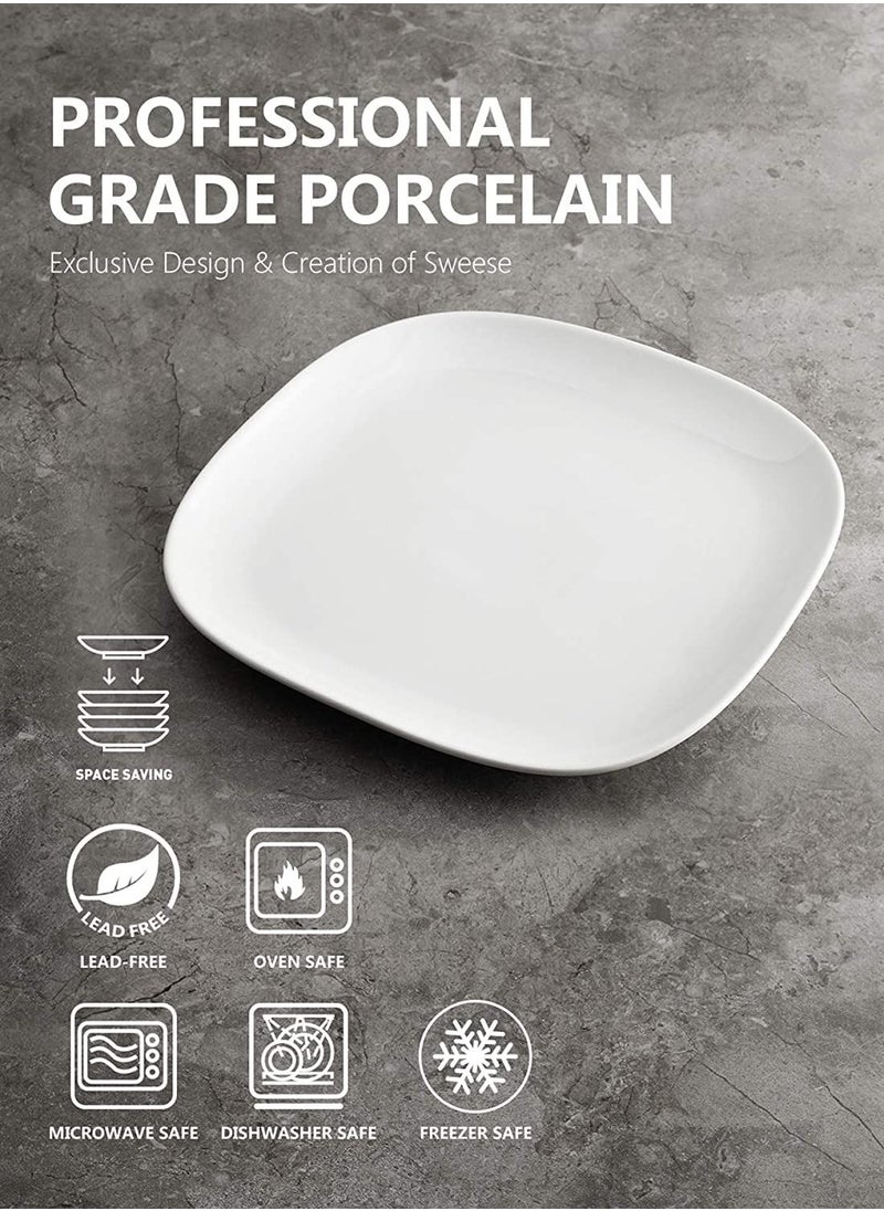 12 Inch Porcelain Square Dessert Salad/Dessert/Dinner Plates- Set of 6, Ceramic White