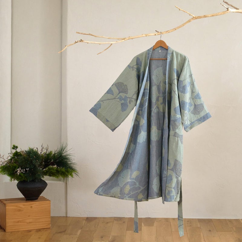 Purefair 100% Cotton Gauze Ginkgo Leaf Kimono Robe, Long Knit Loose Bathrobe Nightgown Ladies Loungewear Sleepwear for Women - Image 2