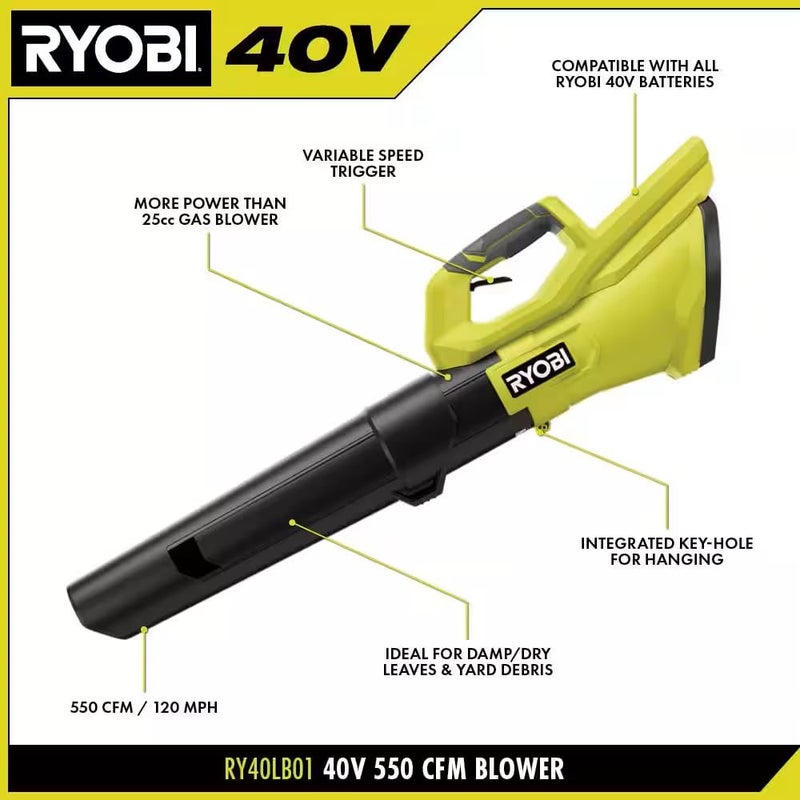 RYOBI 40V 120 MPH 550 CFM Cordless Battery Leaf Blower Tool ONLY RY40LB01B - Image 4