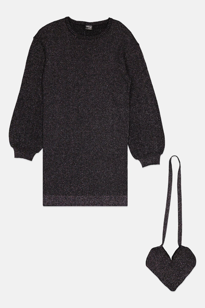 MISS Kids Girl Metallic Sweater Dress With Crossbody Bag Set, Black - Image 1