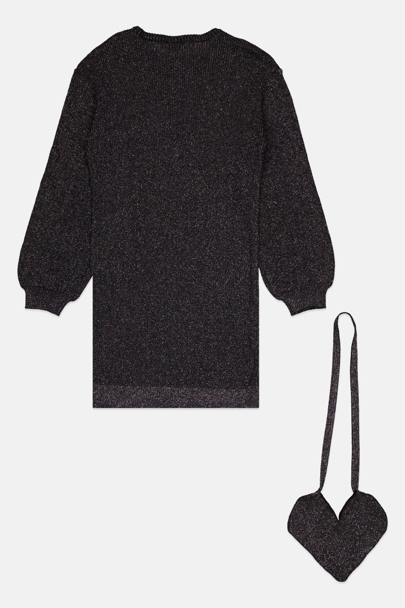 MISS Kids Girl Metallic Sweater Dress With Crossbody Bag Set, Black - Image 2