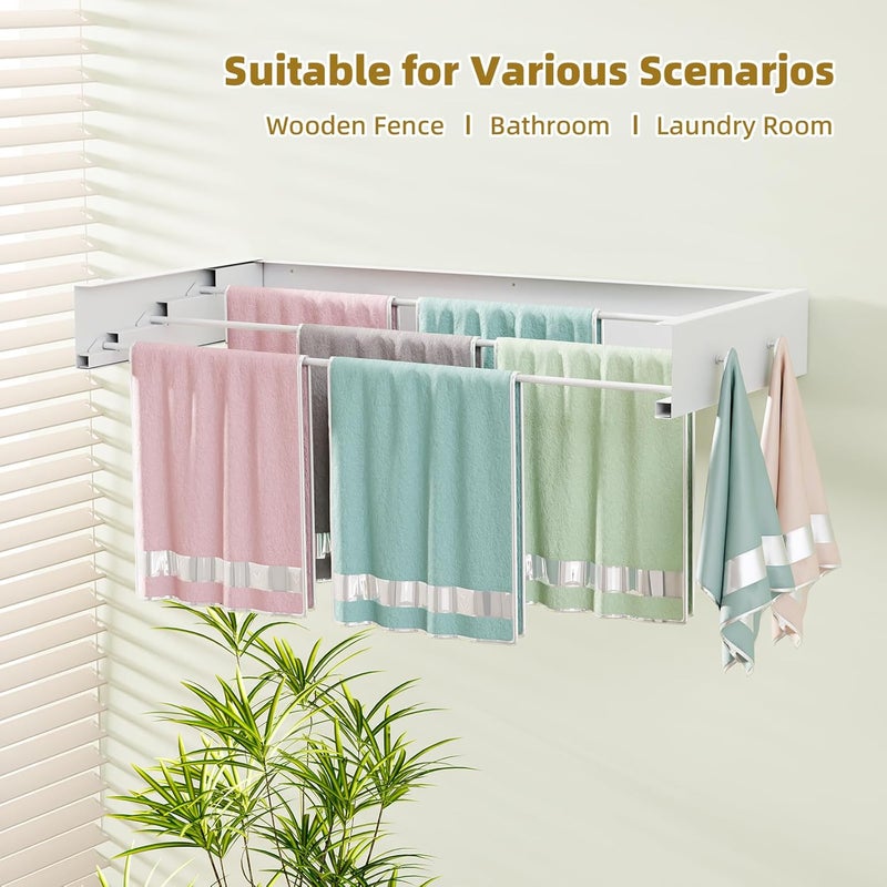 BAKON Wall Mounted Drying Rack for Laundry 19.8'', Folding Drying Rack Clothing Wall Mount with 3 Rods and 4 Hooks, Space Saving for Indoor Outdoor Bathroom Balcony (White, 19.8'') - Image 5