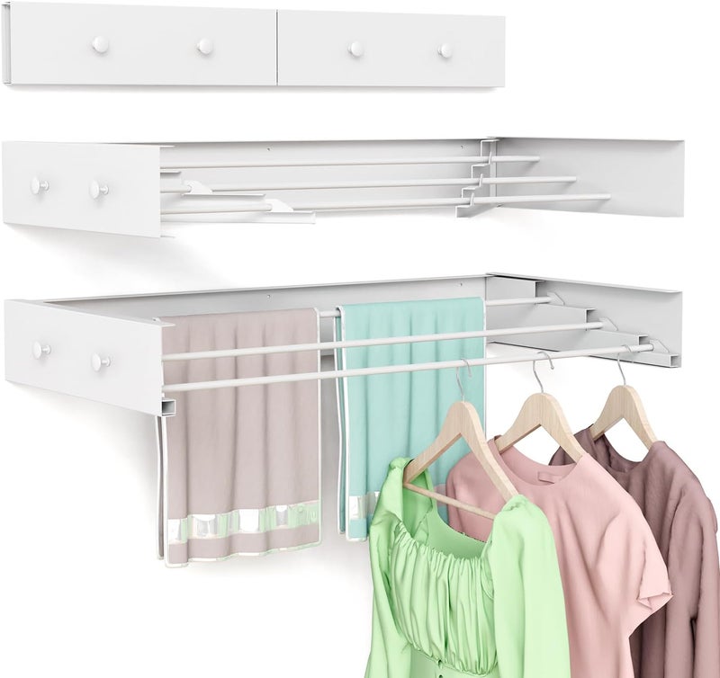 BAKON Wall Mounted Drying Rack for Laundry 19.8'', Folding Drying Rack Clothing Wall Mount with 3 Rods and 4 Hooks, Space Saving for Indoor Outdoor Bathroom Balcony (White, 19.8'') - Image 1