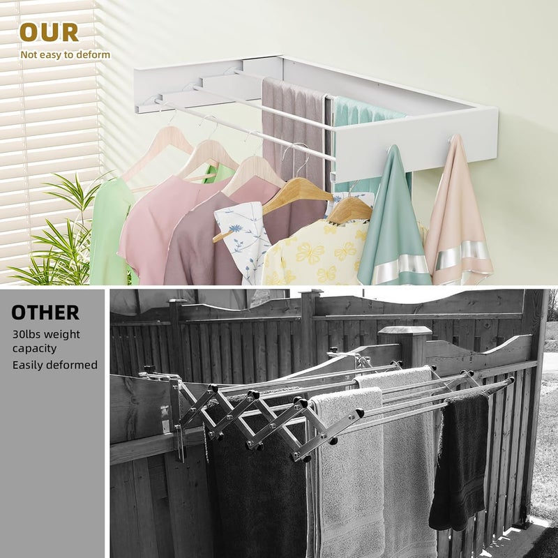 BAKON Wall Mounted Drying Rack for Laundry 19.8'', Folding Drying Rack Clothing Wall Mount with 3 Rods and 4 Hooks, Space Saving for Indoor Outdoor Bathroom Balcony (White, 19.8'') - Image 4