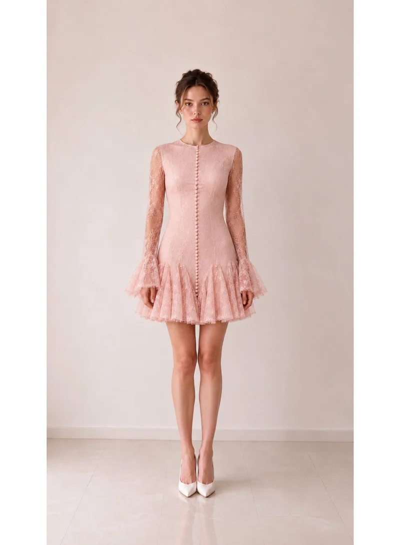 2Trendy Women's Pink Mini Lace Dress with Front Buttons, Bell Sleeves and Ruffled Skirt