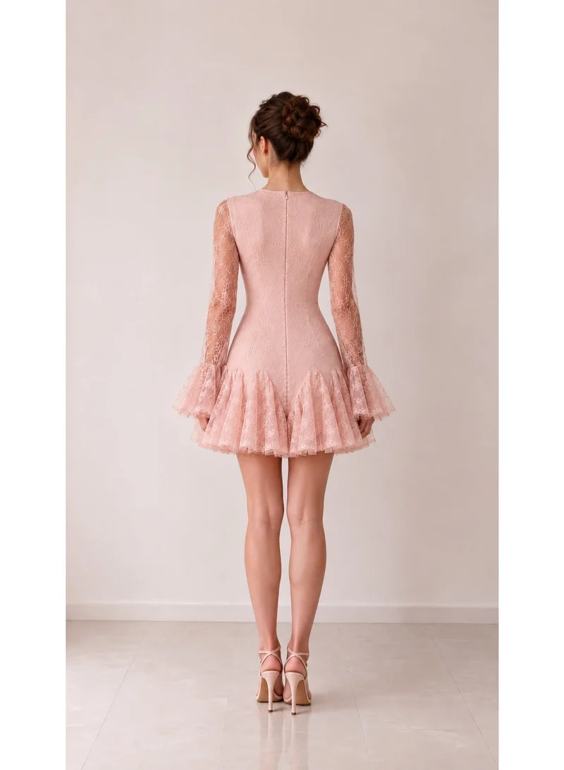 2Trendy Women's Pink Mini Lace Dress with Front Buttons, Bell Sleeves and Ruffled Skirt