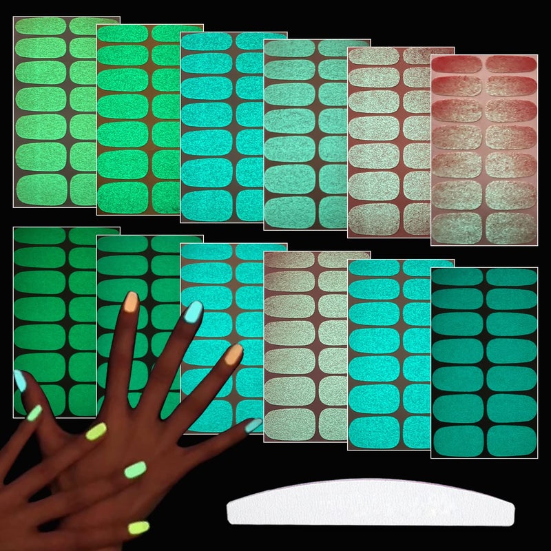 WOKOTO 12 Sheets Luminous Solid Nail Polish Strips with File - Self-Adhesive Glow in Dark Gel Nail Strips Stick On Nails Stickers Full Wraps for Women Nail Art Polish Stickers for Nails - Image 1