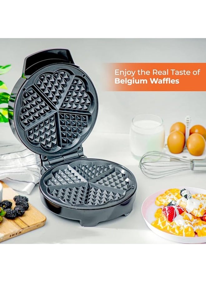 Electric waffle maker, small electric pancake maker for home use, breakfast maker, 5-piece heart-shaped non-stick electric Belgian waffle maker, adjustable temperature control, semi-automatic fixed type, can make waffles, omelettes