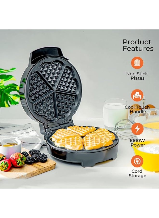 Electric waffle maker, small electric pancake maker for home use, breakfast maker, 5-piece heart-shaped non-stick electric Belgian waffle maker, adjustable temperature control, semi-automatic fixed type, can make waffles, omelettes