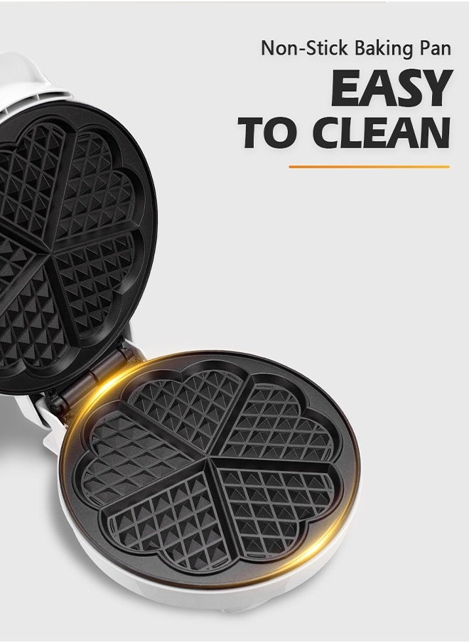 Electric waffle maker, small electric pancake maker for home use, breakfast maker, 5-piece heart-shaped non-stick electric Belgian waffle maker, adjustable temperature control, semi-automatic fixed type, can make waffles, omelettes