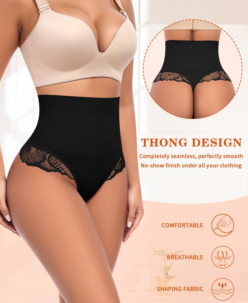 Werena Women Shapewear Tummy Control Thong High Waisted Body Shaper Underwear Lace Shaping Panties Slimming Panty Girdle(#B Lace Black(Mid Waisted), Large) - Image 2