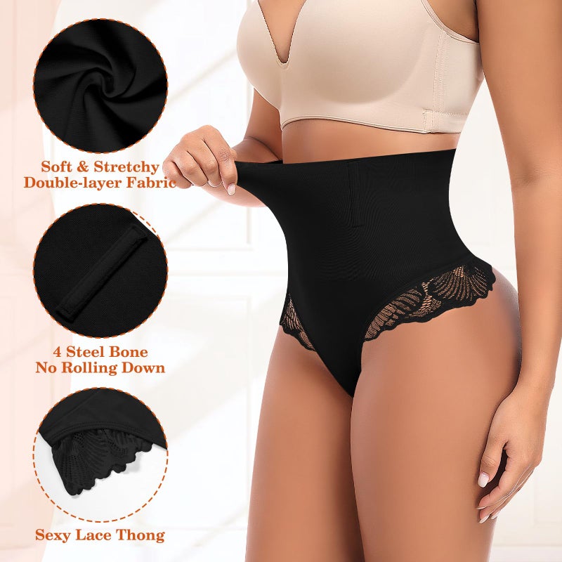 Werena Women Shapewear Tummy Control Thong High Waisted Body Shaper Underwear Lace Shaping Panties Slimming Panty Girdle(#B Lace Black(Mid Waisted), Large) - Image 3
