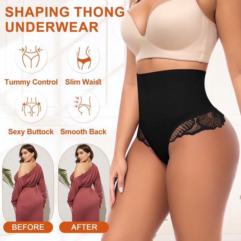 Werena Women Shapewear Tummy Control Thong High Waisted Body Shaper Underwear Lace Shaping Panties Slimming Panty Girdle(#B Lace Black(Mid Waisted), Large) - Image 4