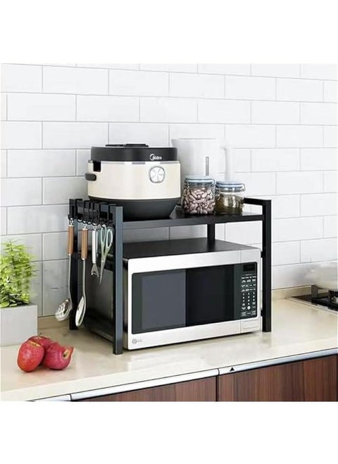 Expandable Microwave Oven Rack, Microwave/Toaster Rack Heavy Duty Stand Kitchen Counter Top Organizer, Height and Length Adjustable, 6 Hooks, 55 lbs Weight Capacity (1 Tier)
