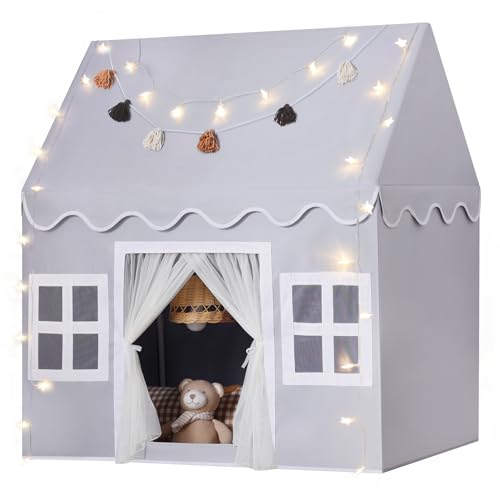 Senodeer Kids Play Tent Indoor: Mat, Tassel Garland, Star Lights - Gray Girl Tent Playhouse for Toddlers Kids Toys for Boy Girl Birthday Gift - Image 1