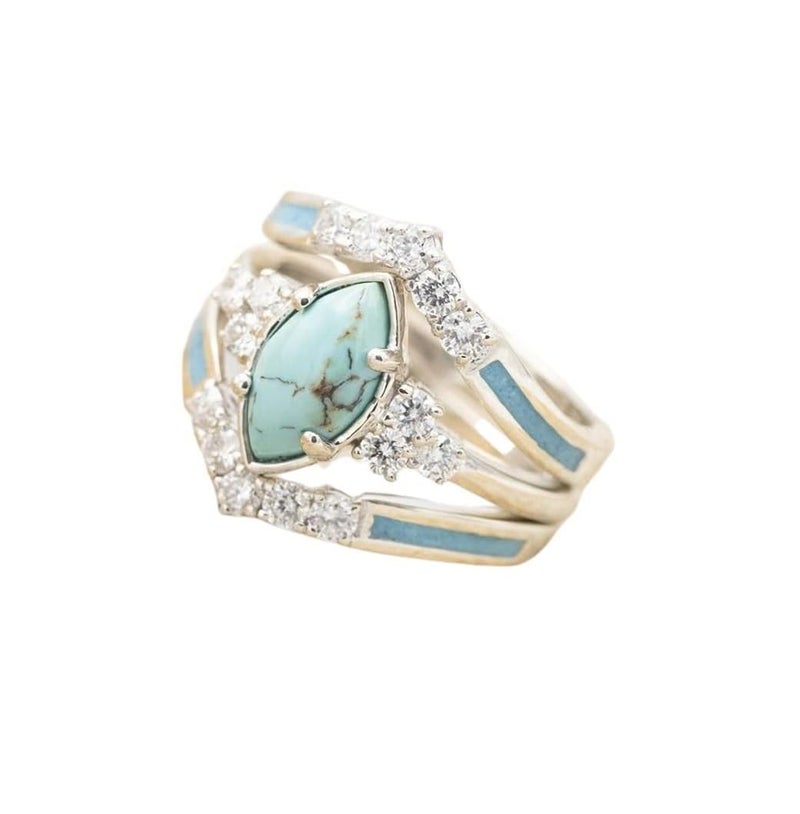 Pingyongchang 3 PCS Ring Set Natural Turquoise Diamond Rings Western Jewelry Turquoise Silver Color Rings for Women Bohemian Joint Knuckle Rings Finger Ring Turquoise Jewelry Sparkling Natural Gemstone-Oval 8 - Image 1