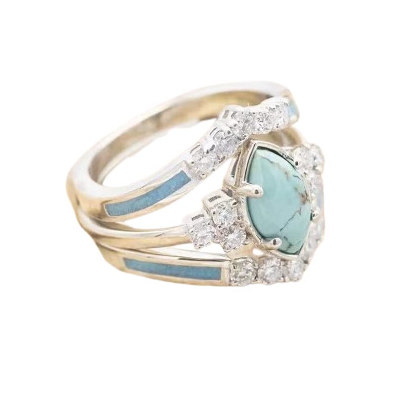 Pingyongchang 3 PCS Ring Set Natural Turquoise Diamond Rings Western Jewelry Turquoise Silver Color Rings for Women Bohemian Joint Knuckle Rings Finger Ring Turquoise Jewelry Sparkling Natural Gemstone-Oval 8 - Image 2