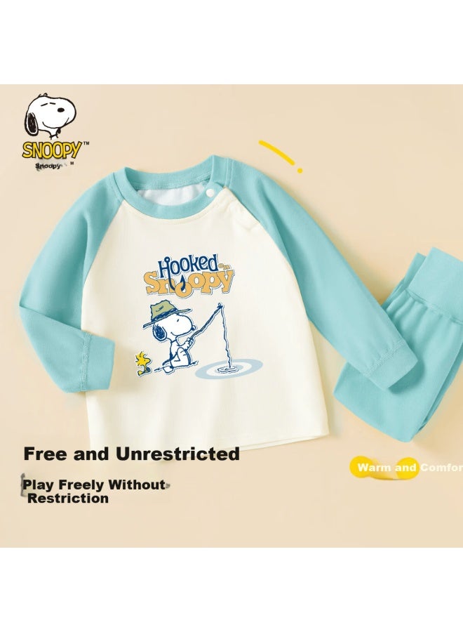 Snoopy Children's Autumn Winter Pure Cotton Thermal Underwear Set Warm Comfortable Boys And Girls Outfit Lake Green Fishing 130