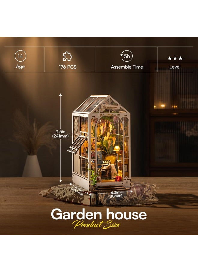 Robotime Book Nook Kit Diy Miniature House With Led Light Booknook Bookshelf Insert Decor Wooden Bookend Craft Hobby Diorama Kit Unique Gifts (Garden House)  - Image 2