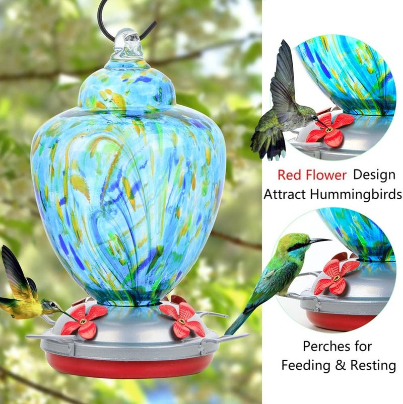 REZIPO Hummingbird Feeder with Perch - Hand Blown Glass - Light Green - 38 Fluid Ounces Hummingbird Nectar Capacity Include Hanging Wires and Moat Hook - Image 3