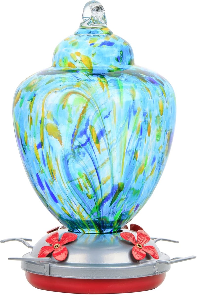 REZIPO Hummingbird Feeder with Perch - Hand Blown Glass - Light Green - 38 Fluid Ounces Hummingbird Nectar Capacity Include Hanging Wires and Moat Hook - Image 1