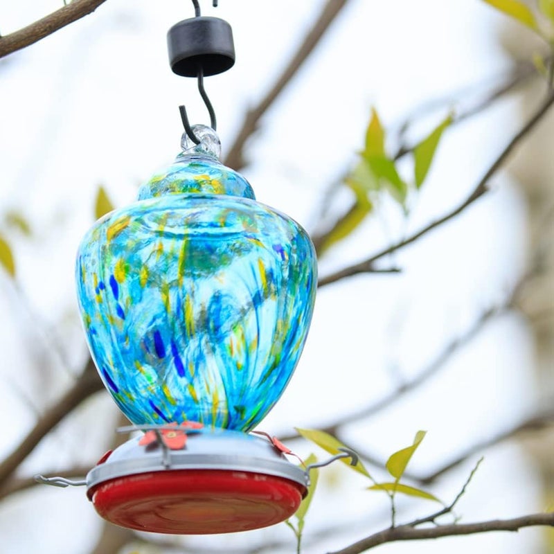 REZIPO Hummingbird Feeder with Perch - Hand Blown Glass - Light Green - 38 Fluid Ounces Hummingbird Nectar Capacity Include Hanging Wires and Moat Hook - Image 2