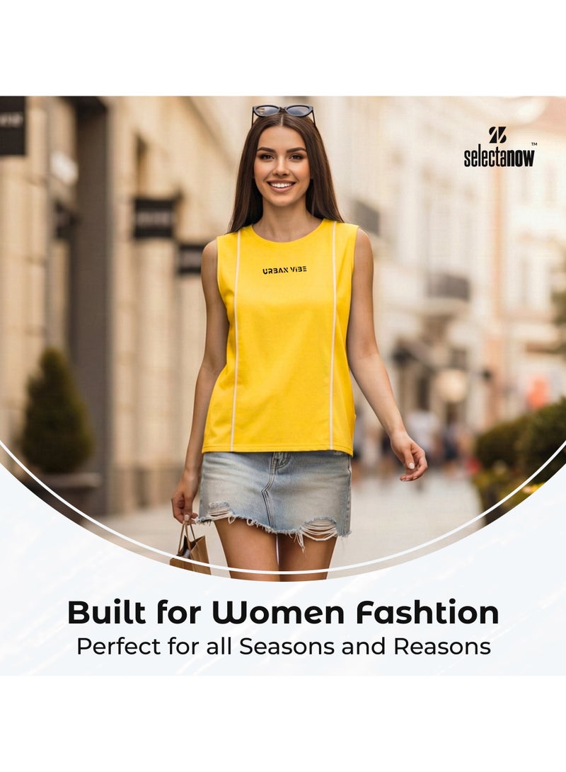 Selecta Now Ladies Sleeveless Cotton T-Shirt Yellow Breathable Contrast Piping Tank Top Soft Stretchable Women’s T Shirt Ideal for Hot Climate - Image 3