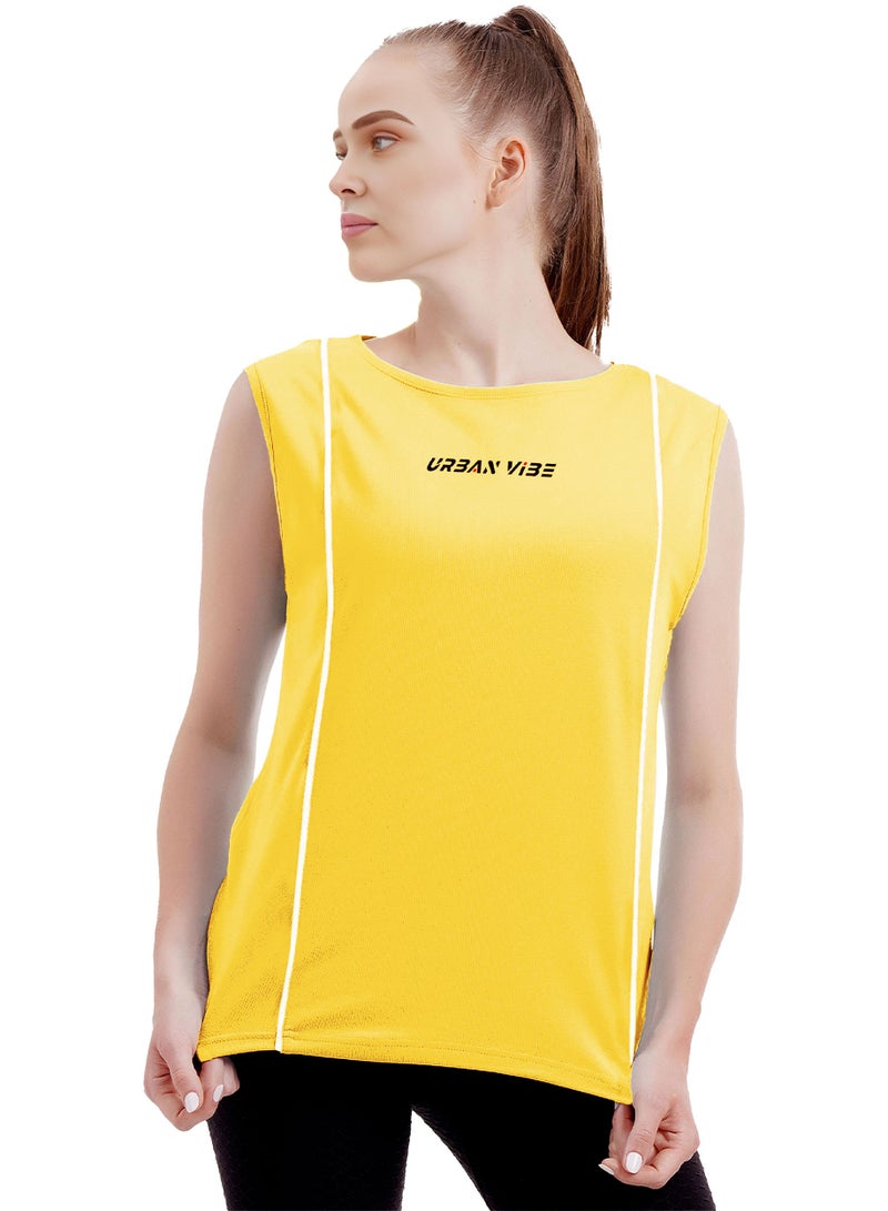 Ladies Sleeveless Cotton T-Shirt Yellow Breathable Contrast Piping Tank Top Soft Stretchable Women’s T Shirt Ideal for Hot Climate
