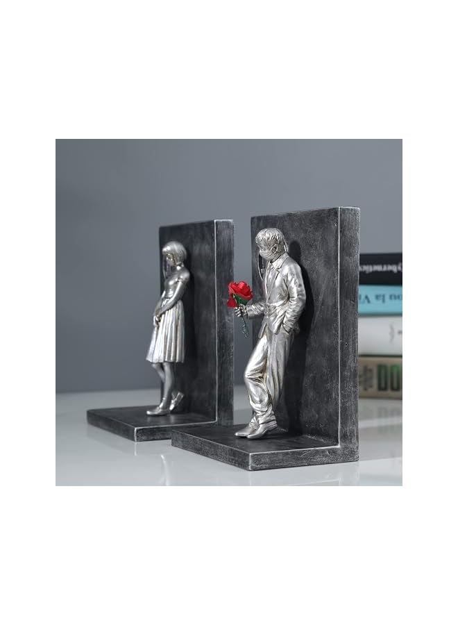 The Bros Lovers Man and Woman Figurine Sculpture Decorative Bookends, Book End Decorative Book Stopper Binder and Dividers - Decoration Resin Art Craft for Living Room Bookshelf Library Office (Silver) - Image 4