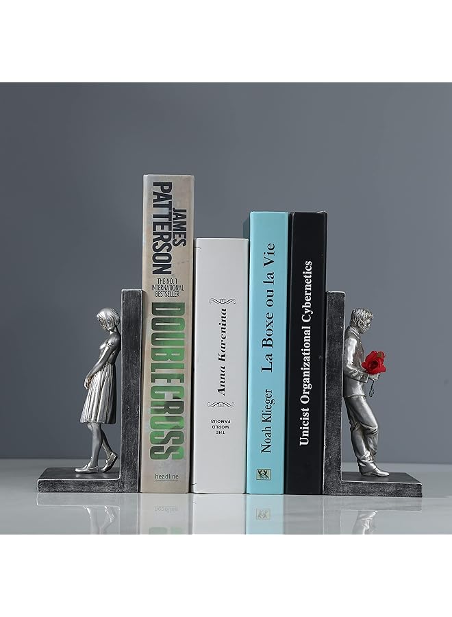 The Bros Lovers Man and Woman Figurine Sculpture Decorative Bookends, Book End Decorative Book Stopper Binder and Dividers - Decoration Resin Art Craft for Living Room Bookshelf Library Office (Silver) - Image 1