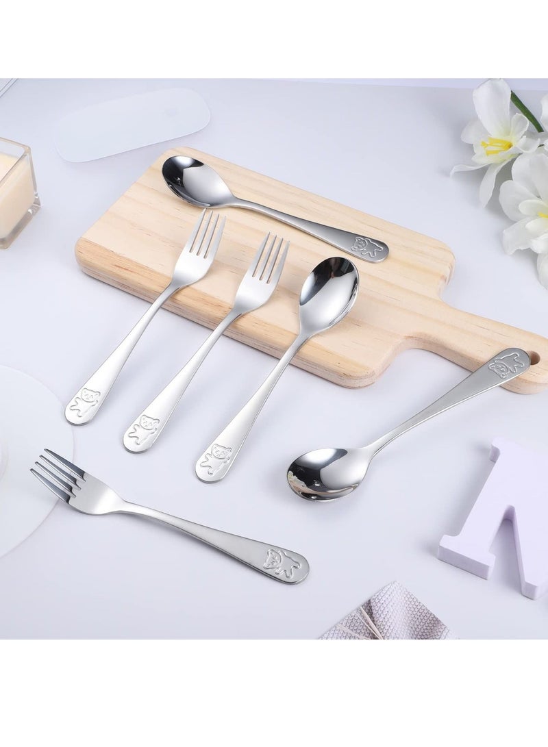 NIBEMINENT Kids Silverware Utensils Stainless Steel Forks and Spoons Children Safe Flatware Set 3pcs Tablespoons Toddler Metal Cutlery for Lunchbox Engraved Bear 6pcs - Image 1