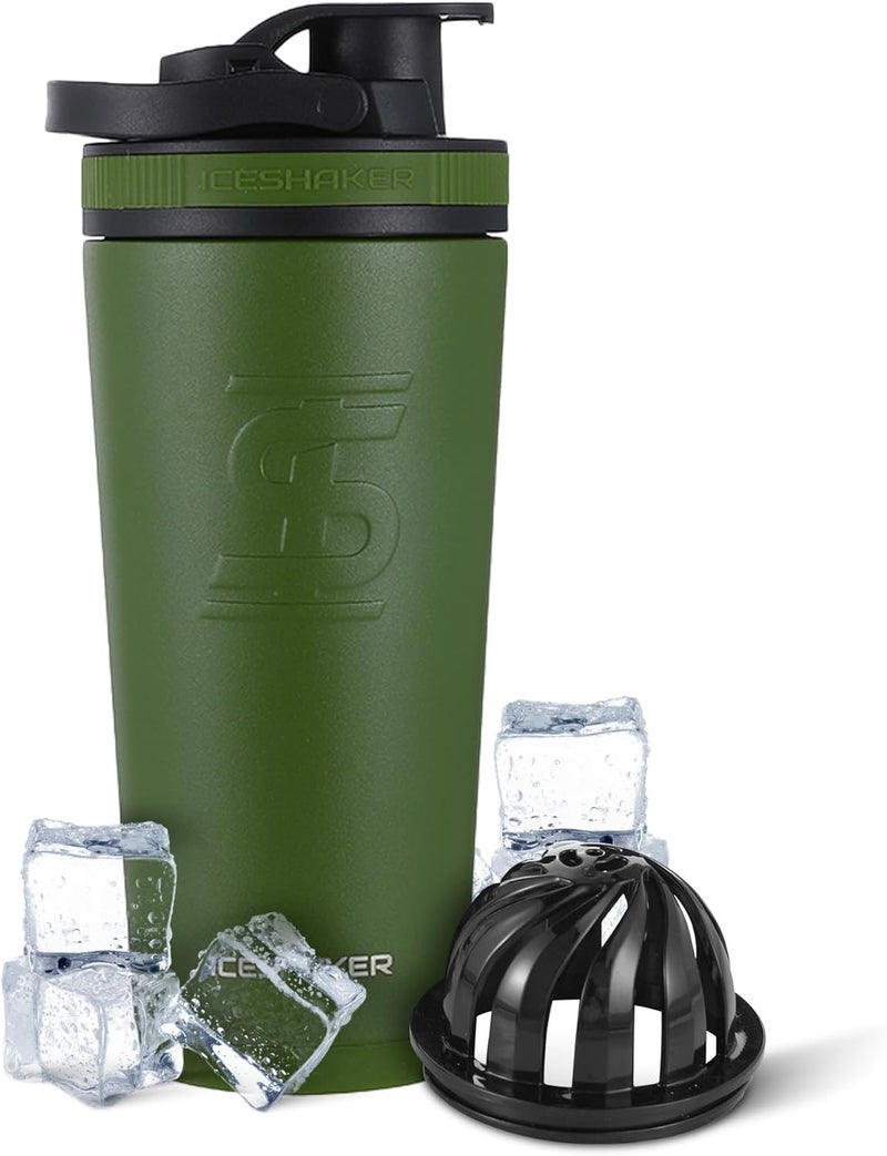 Ice Shaker Insulated Stainless Steel Shaker Bottle 26oz Green Cold for 30 Hours Insulated Cup with Twiston Agitator OdorFree Bottle for Protein Shakes Water Smoothies Cocktails