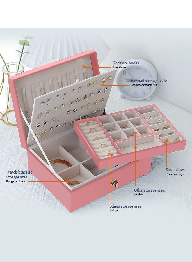 HomarKet 2-Layer PU Leather Jewellery Storage Box Lightweight Multifunction Jewelry Case for Women Pink  - Image 2
