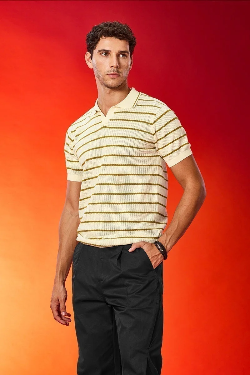 SNITCH Regular Fit Stripes Knitted Polo T-Shirt