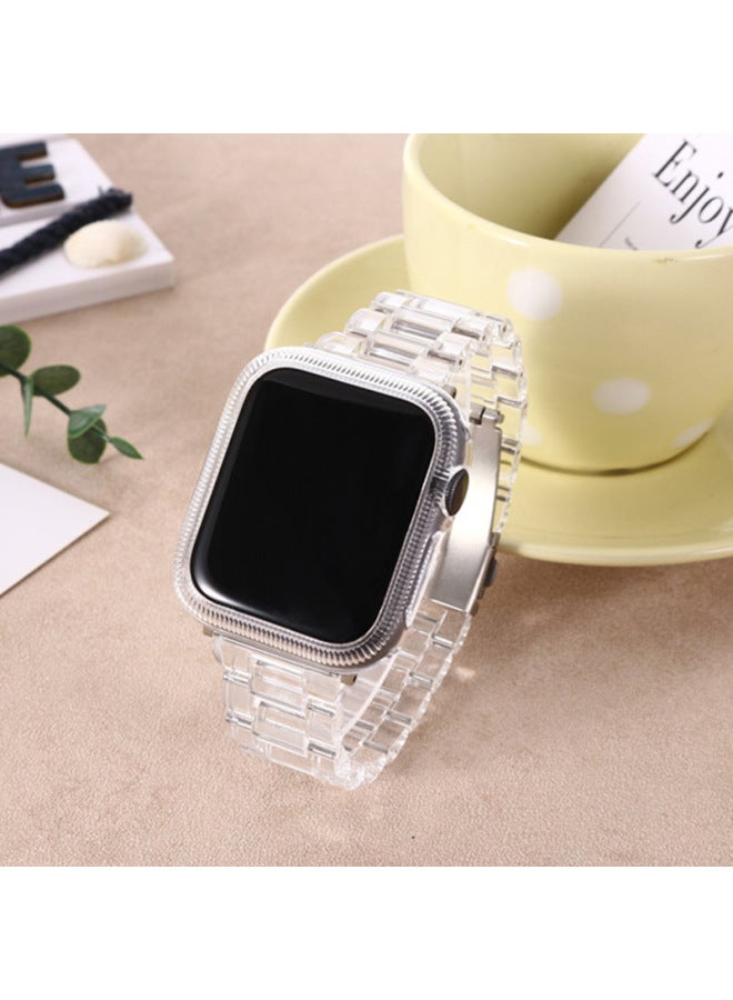 Applicable To For Apple Iwatch9/8/7/6 For Apple Strap 9 Generation Three Beads Transparent Color Imitation Ceramic Resin Case-Color:Transparent Strap + Case-Appearance Size:Applicable To Series10 [46mm]
